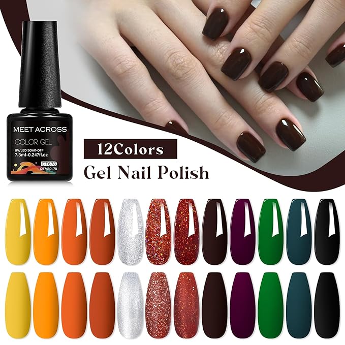 MEET ACROSS 12pcs Gel Nail Polish Set,Soak Off UV LED Lamp Gel Nail Polish Kit,Fashion Shimmer Nail Art Design Gifts for Women Manicure Salon (Autumn series)