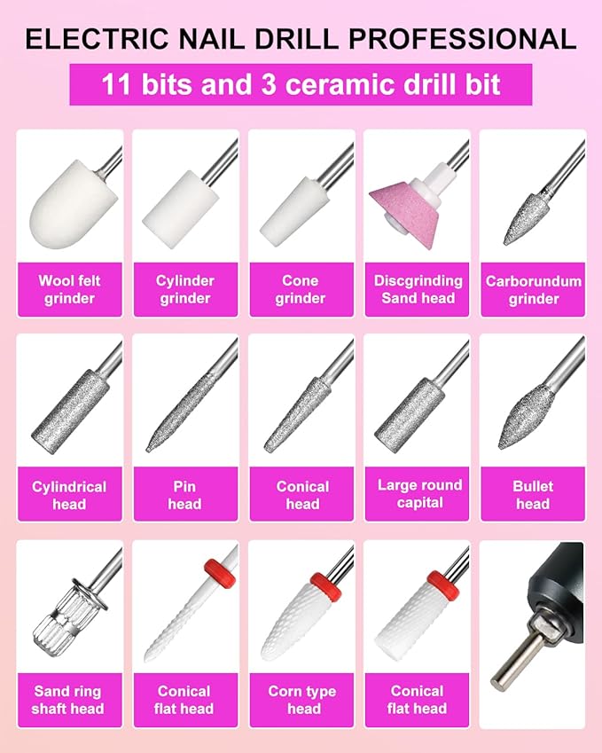 Professional Electric Nail Drill Kit 35000RPM with 14PCS Bits Purple Gold Portable Rechargeable Cordless File Machine for Acrylic Gel Powder Nails and Manicure Pedicure Toenail Tool Salon Set