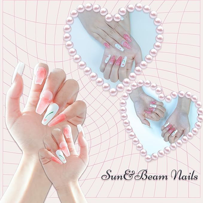 Sun&Beam Nails Handmade Press-on Medium Coffin Ballerina Pink Green White Minimalist Flower Gradation Design Fashion False Nail Tips 10 Pcs Set (#171 M)
