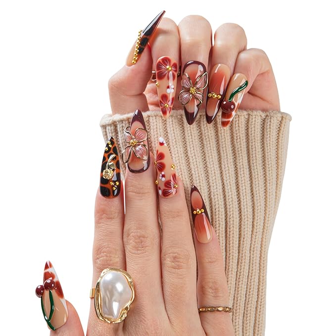 LOVFUL Short French Tip Press on Nails Vintage Cherry| Handmade Acrylic Press ons| Reusable Fake False Nails | Stiletto Classic Regular 1.3in | H722-L