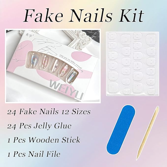 30Pcs Spring Flower Press on Nails Medium Almond Fake Nails with 3D Pearl Rhinestones Gradient Designs Glue on Nails Gold French Line Acrylic Nails Summer False Nails Stick on Nails for Women