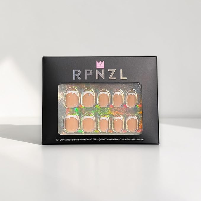 Press On Nails - Frenchie Kiss | Classic French Manicure, UV Finish Square Nails, Reusable, Salon Quality | 32 Nails, 16 Sizes Kit with Glue and Adhesive Tabs