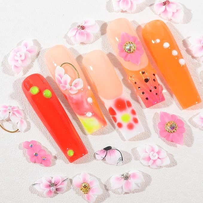 30PCS 3D Handmade Flower Nail Art Charms Advanced Handcrafted Cherry Blossom Flower Colorful Sculpted Floral Nails with Rhinestone Caviar Beads Design for Women Profession Nail Art Craft Jewelry