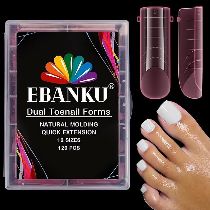 EBANKU Poly Gel Nail Forms for Toes, Pink Long Square Dual Forms for Pedi Nail Extension Poly Gel Toenails Reusable Toe Nail Tips Mold, 120Pcs 12 Sizes