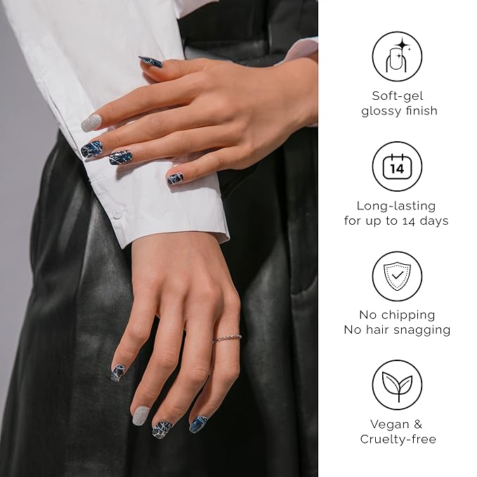 NAILOG Semi Cured Gel Nail Strips (20 Extra Long Polish Stickers/Wraps) │ Glossy & Long Lasting Soft Gel Finishing (Stormy Night)