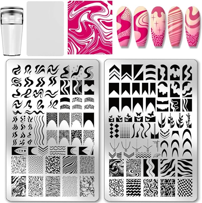 PH PandaHall 2pcs French Line Print Nail Art Template 120 Patterns Swirl Line Pattern Nail Stamp Plate Stainless Steel Image Plate Texture Nails Stencil Set for Women 5.7x3.7 inch
