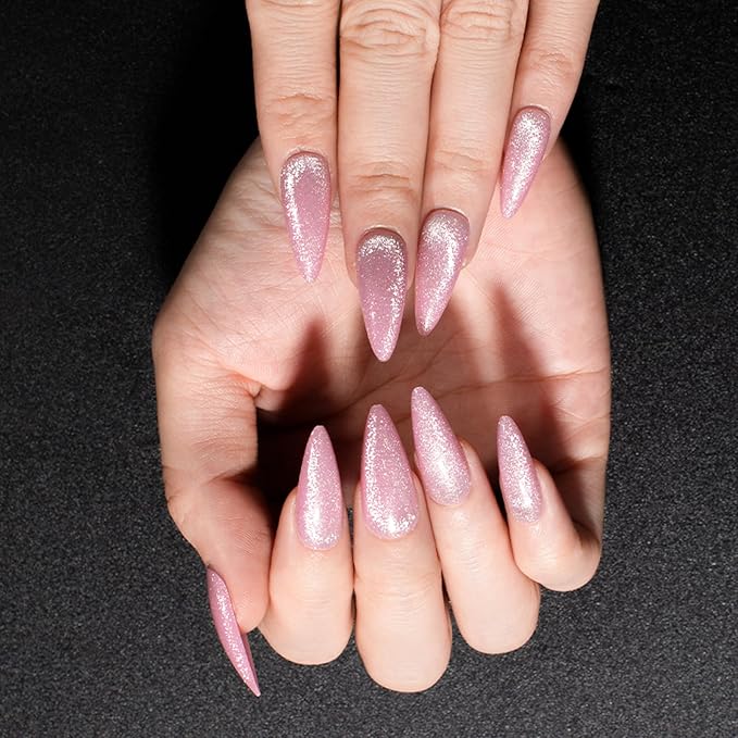 Press On Nails - Pink Glitter| Bright Pink Glitter Velvet Nails, Medium Almond Shaped Press On Nails with Cat Eye Design for Women and Girls, 24 Pcs Reusable Fake Nails