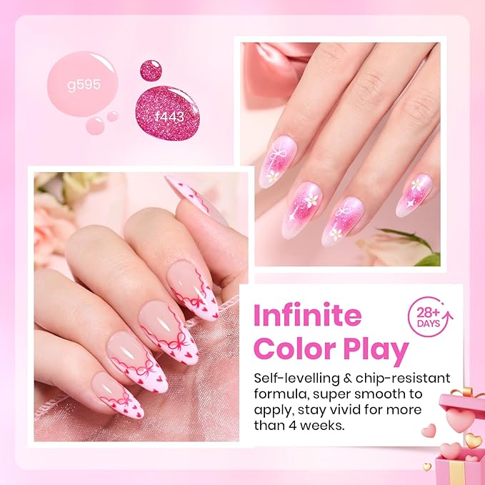 Beetles Pink Gel Nail Polish Set - 6 Colors Shimmer Nail Polish Nail Kit Hot Pink Pearl White Glitter Color Gel Pink Reverie Collection Soak Off Uv LED Nail Lamp Spring Gift for Women & Girls