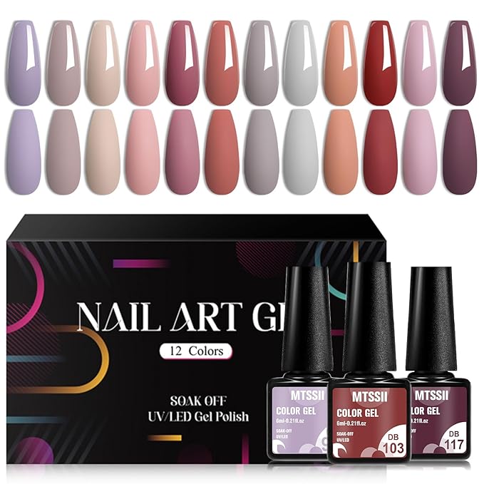MTSSII Gel Nail Polish Set, 12PCS Brown Grey Violet Gel Nail Polish Kit, Soak Off UV/LED Nail Polish Nail Art Design Salon Home Gifts for Women