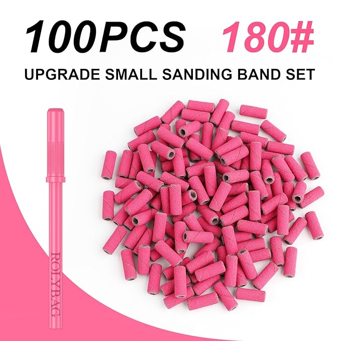 Rolybag 100pcs Small Sanding Bands Nail Drill Bits 180 Fine Grit Nail File Sanding Bands with 3.1mm Mandrel Bit for Acrylic Nails Gel Removing Shaping Professional Manicures and Pedicure, Rose Red