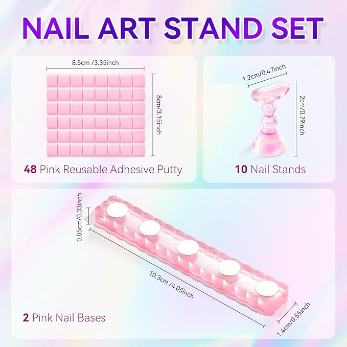 Makartt Nail Holder for Painting Nails: Press on Nails Stand for Art Display Practice, Pink Glitter Magnetic Fake Holders with Reusable Adhesive Putty Nail Art Tool for Home Salon DIY Use