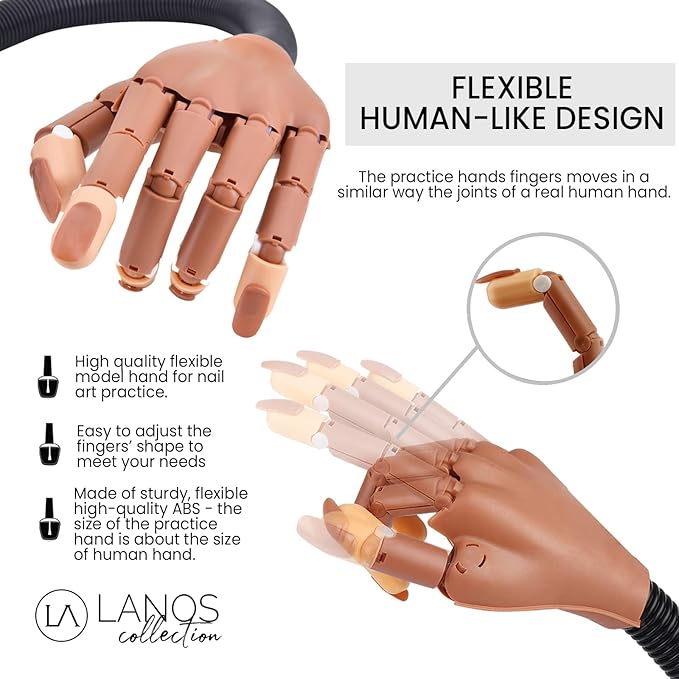 Lanos Practice Hand for Acrylic Nails, False Fake Nails Training Kit | Finger Model Manicure Mannequin for Professional Cosmetology, DIY, Flexible (Material) Table Stand for Gel Painting with 100 PCS Nail Tips