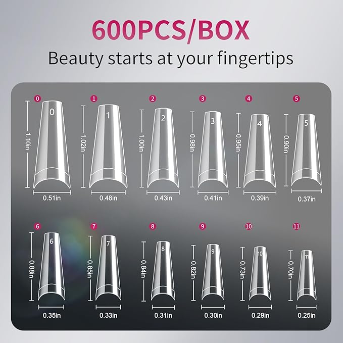 krofaue 600PCS Half Cover Coffin Nail Tips - Acrylic Nail Tips 12 Size Clear False Nails Tips with Box for Nail Salons and Home DIY (Clear)