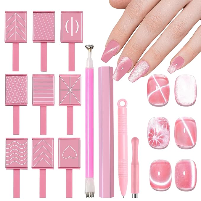 13pcs Pink Cateye Magnet for Nails Double-Ended Hexagon Nail Magnet Stick Flower Cat Eye Magnetic Pen 9 Stripe Nail Magnet Plates for Cat Eye Gel Nail Polish