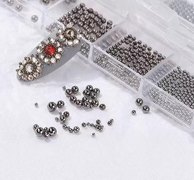 3D Nail Caviar Beads for Nail Art Metal Mini Nail Ball Beads Nail Studs DIY Decorations Accessories (White K and Silver)