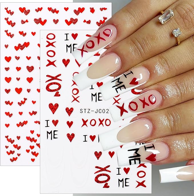 6 Sheets Valentines Nail Art Stickers Sparkling Heart Nail Decals 3D Self-Adhesive Red Heart English Letter Nail Designs French Lines Nails Stickers for Women Romantic Valentine's Holiday Nails Decor