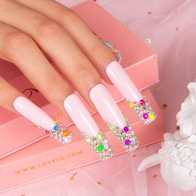 LOVFUL Press on Nails Jelly Beans | Handmade with Full Covered Crystals | Reusable Fake Nails | Square Mid length 1.7in | H125-L