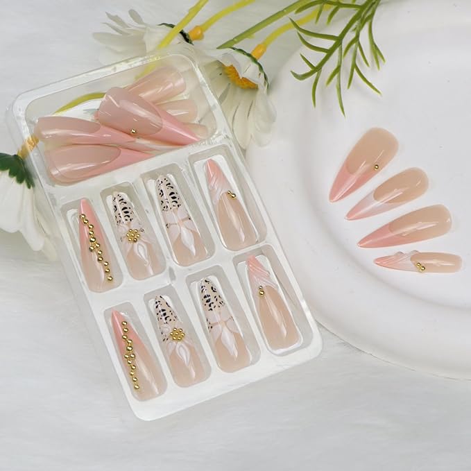 Long Press on Nails Stiletto Leopard Print Pink White French Tip Fake Nails Press ons Flower Golden Steel Balls Designs Cute Glossy Almond Glue on Nail for Women 24 Pcs
