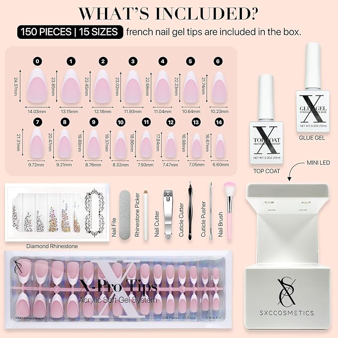 SXC Cosmetics French Tip Press On Nails Pink Series, Medium Almond X-Pro Tips Starter Kit