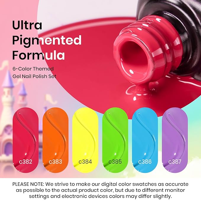 Beetles Neon Gel Nail Polish Set, Summer Gel Polish Kit 6 Colors Hot Pink Orange Yellow Green Blue Purple Soak Off UV Nail Lamp Design Manicure Gift for Women Girls Rainbow Kingdom