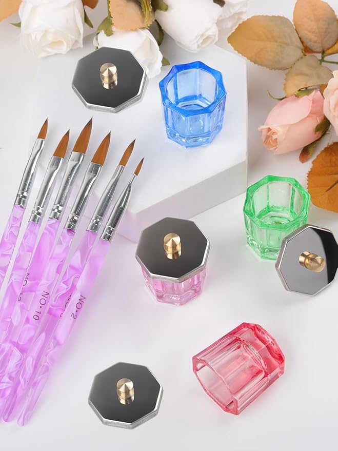 TOROKOM Acrylic Nail Brush and Dappen Dish Set, 6PCS Brush and 4PCS Glass Crystal Dish With Lid, UV Gel Nail Art Powder Liquid Cup Holder for Manicure