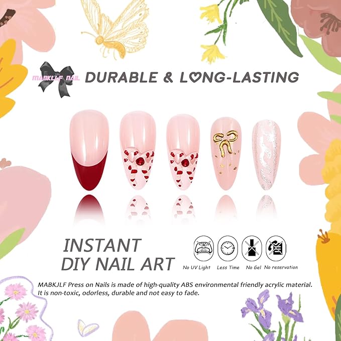 Christmas Press on Nails Medium Almond MABKJLF French Tip Fake Nails False Nails with Bow Pearls Rhinestones Designs Glossy Glue on Nail Winter Full Cover Acrylic Nails for Women Girls 24Pcs