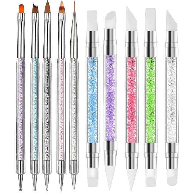 Nail Art Brush Set, 10 Pcs Dual Tipped Silicone Nail Tools Nails Art Sculpture Pen Crystal Handle Liner Brush, Silicone Brushes for Resin Nails Arts Tools for NailSalon Design Foil Carving Drawing