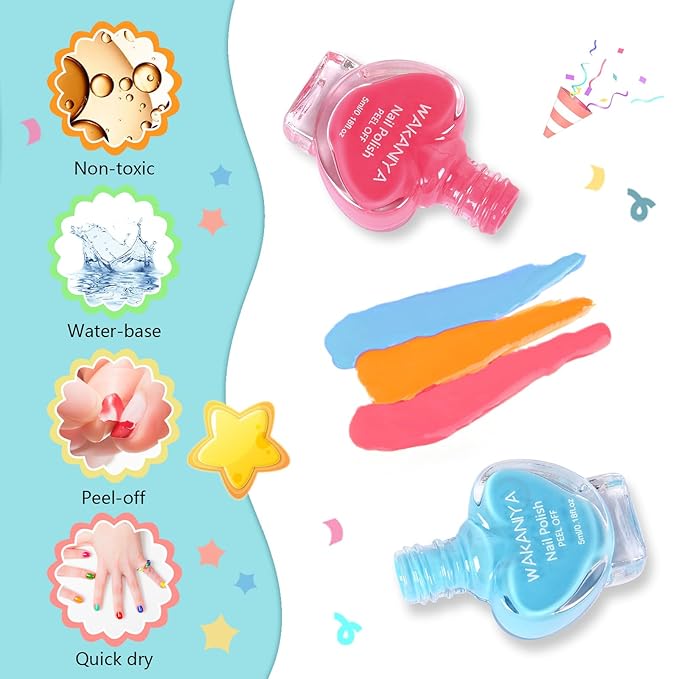 wakaniya Kids Nail Polish Set - Non Toxic, Quick Dry Peel Off Girls Nail Polish 12 Colors with Glitter Stickers and PVC Organizer Bag