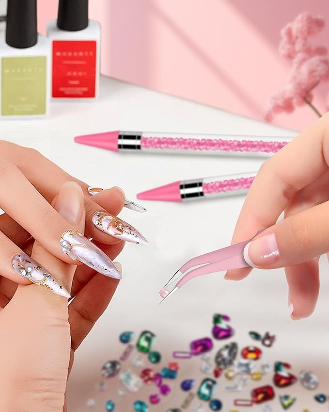 Rhinestone Picker Tool, Wax Pencil for Rhinestones Tool, Dual-ended Nail Bedazzling Tools With 4 Extra Pink Replaceable Wax Head and 1 Tweezer (Pink B)