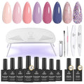 Beetles Gel Nail Polish Kit with U V Light - 16 Pcs 8 Color Gel Polish Starter Kit Pink Nude Purple Grey Glitter Color Gel and Base & Top Coat Soak Off DIY Kit Manicure Gifts for Women Girls Teens