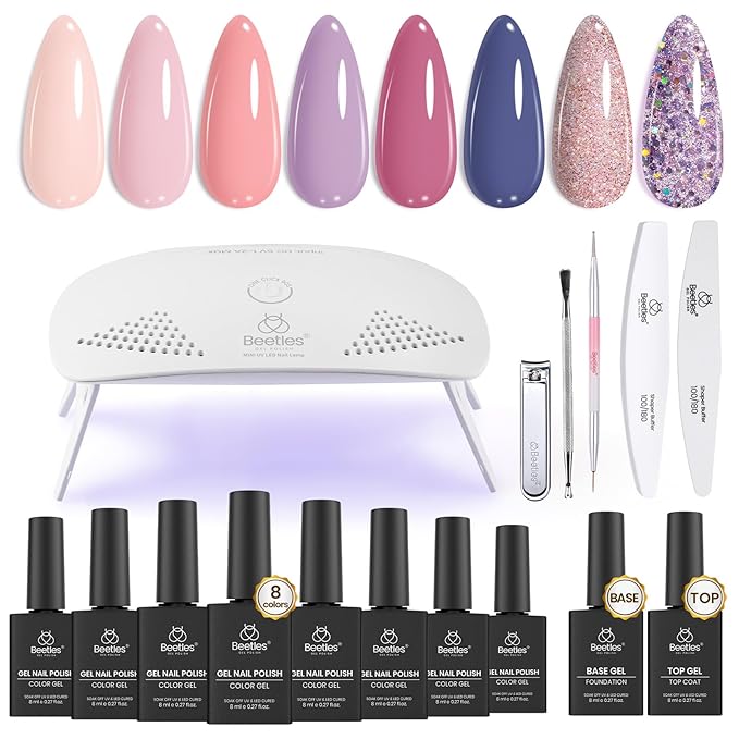 Beetles Gel Nail Polish Kit with U V Light - 16 Pcs 8 Color Gel Polish Starter Kit Pink Nude Purple Grey Glitter Color Gel and Base & Top Coat Soak Off DIY Kit Manicure Gifts for Women Girls Teens