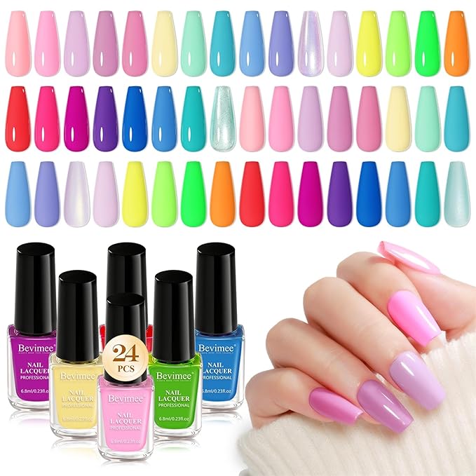 Regular Nail Polish Set: 24 Colors Neon Quick Dry Fingernail Polish Non Gel Bulk Nude Pink Red Green Blue Long Lasting French Nail Art DIY Home Gift Set for Women
