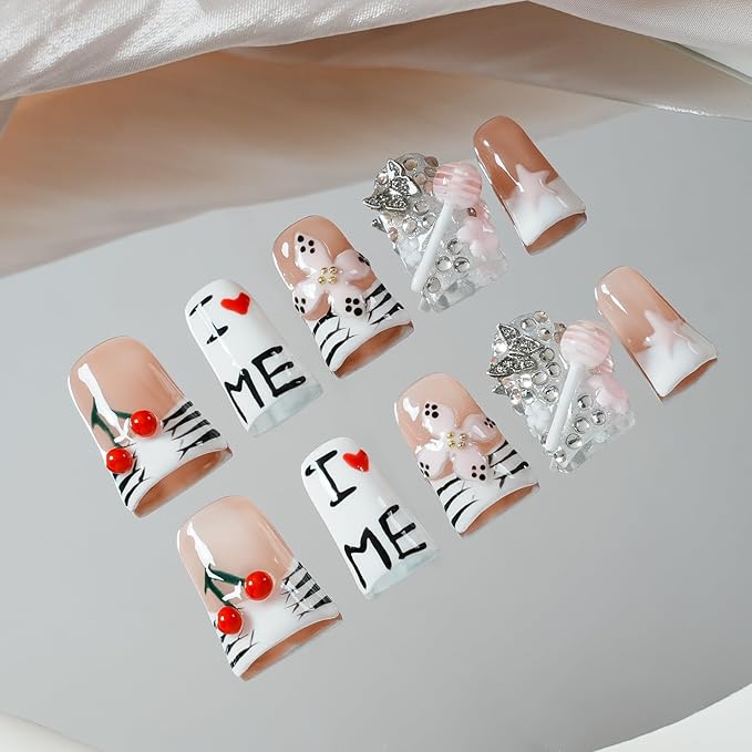Press on Nails Handmade Short Duck - 3D Floral Metallic Butterflies French Tip False Nails with Zebra Stripe Print, Lollipop Cherry Stars Luxury Cute Design (Cute Love Cherry Candy,M)