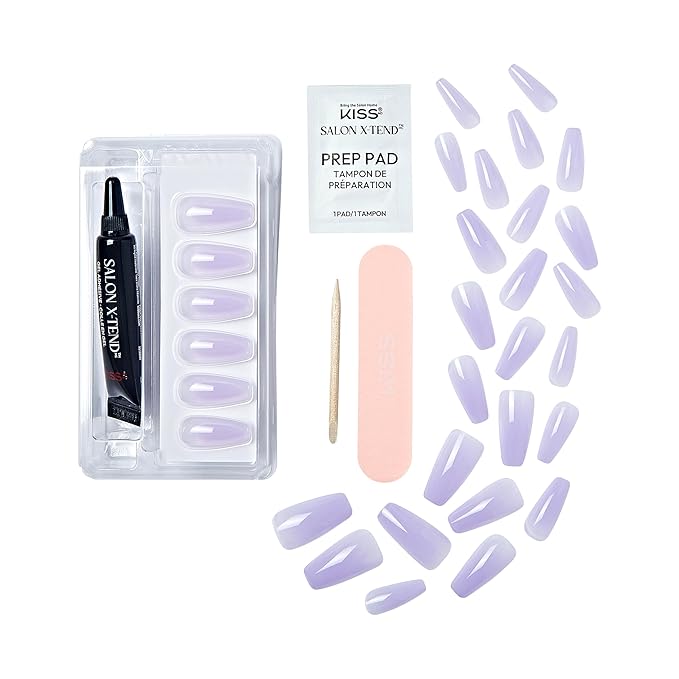 KISS Salon X-tend, Press-On Nails, Nail glue included, 'Gimme', Light Purple, Long Size, Coffin Shape, Includes 30 Nails, 5Ml Led Soft Gel Adhesive, 1 Manicure Stick, 1 New Mini File, New Prep Pad