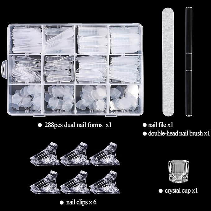 Poly Gel Nail Forms Set 288Pcs Polygel Nail Tips Silicone Sticker Dual Forms for Builder Gel Reusable Stiletto Coffin French Acrylic Nail Extension Molds with Accessories
