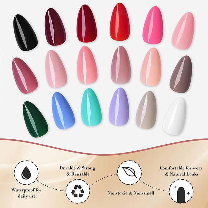 LoveOurHome 576pc Medium Press on Nails Almond Fake Nails Full Cover Acrylic Nails Press ons Nail Short Stiletto Glue on Nail Artificial Fingernail Almond Nail Tips 24 Colors for Women Girls Kids