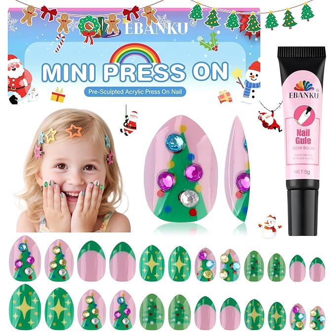 Christmas Press on Nails Kid, EBANKU 24Pcs Almond Fake Nails Kit Full Cover Green Christmas Tree Cute Design Acrylic Nails with Nail Glue for Girl