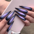 MISUD Press on Nails - Long Stiletto Fake Nails with Goth Black Purple, Acrylic Gothic Ombre Design 24 pcs