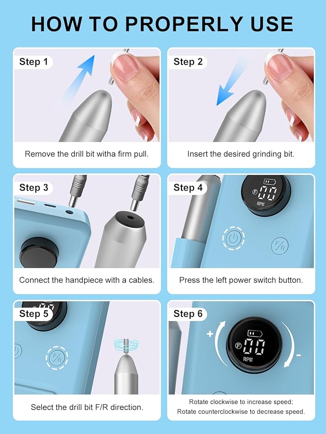 COPPA Portable Nail Drill, NDK106 Electric Nail Drill Professional Kit with 12 Bits 31 Sanding Bands, 45000RPM Rechargeable Nail Drills Machine for Acrylic Nails Gel Polishing Removing, Home & Salon