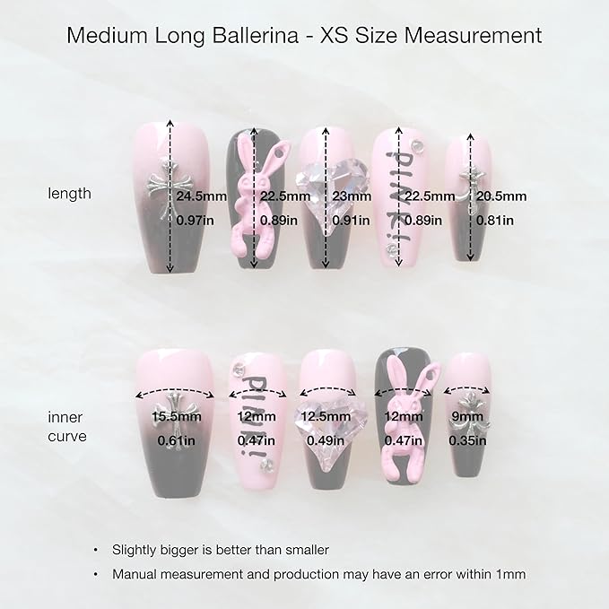 Luxury long Long Ballerina Press-On Nails, Pink and Black Gothic Design with 3D Bunny and Diamond Heart, Handmade False Nail 10 Pieces (XS size, LS)