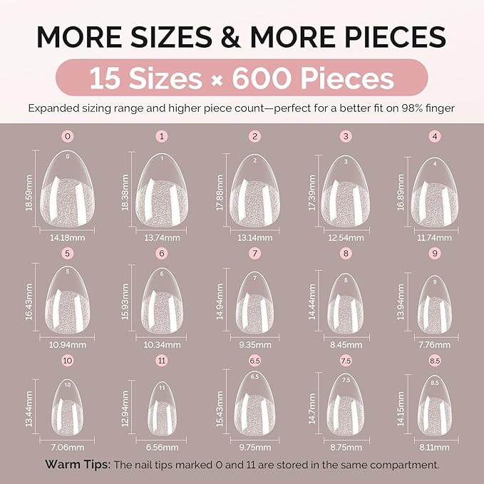 MelodySusie Extra Short Almond X Nail Tips - 600Pcs 15 Sizes Clear Acrylic,Half Matte Full Cover Press on Nails for DIY Extension & Salon Use, Pre-Shaped for Long-Lasting Manicure, Fall Winter Nails