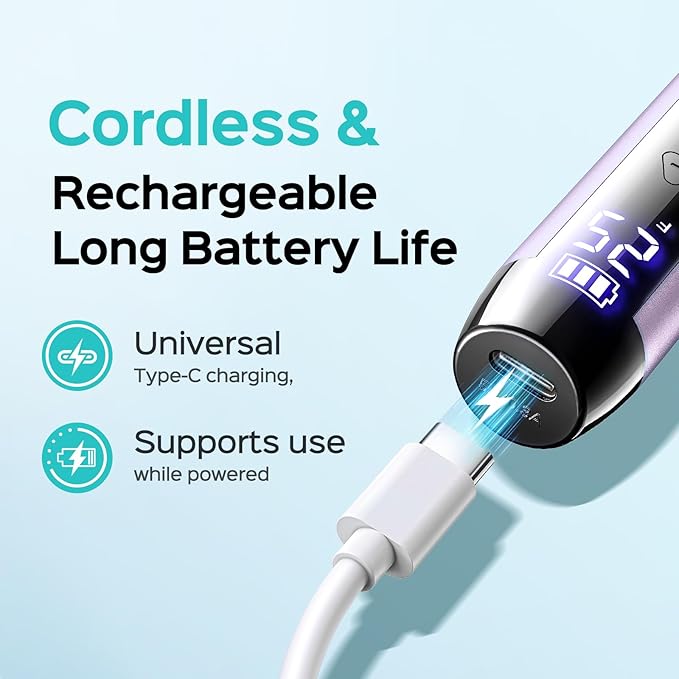 COSLUS C51 Electric Cordless Nail Drill: Professional Nail File with LED Screen & 25 Speeds for Acrylic Gel Dip Powder Removal, Beginner-Friendly for Home DIY & Salon, Portable for Travel, Purple