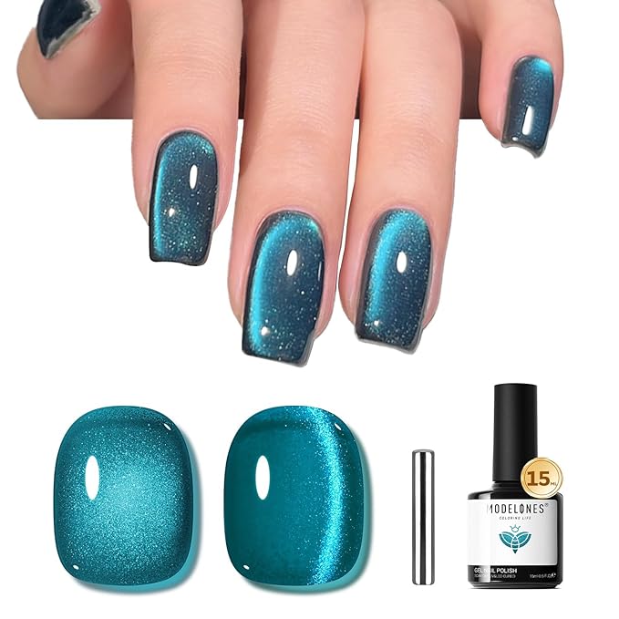 modelones Cat Eye Gel Nail Polish Silk Blue Cat Eye Gel Polish Holographic 9D Glass Glitter Multichrome Polish Peacock Blue Nail Polish with Magnet Soak Off Led 15ML