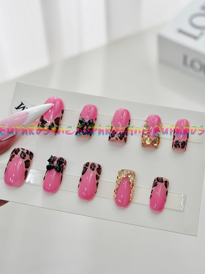 Pink Leopard Press On Nails – 10PCS Glossy Fake Nails with 3D Bow and Glitter Rhinestones, Reusable Long Coffin Nails for Women and Girls – Euphrosyne