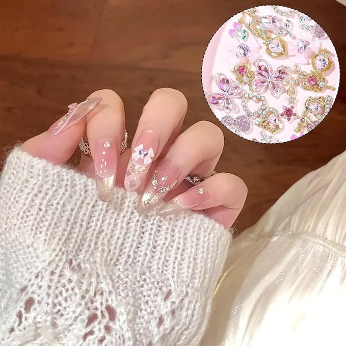 3D Nail Charms,24Pcs Love Heart Star Cherry Butterfly Bow Flower Nail Rhinestone Charms,Metal Alloy Nail Art Decorations for Manicure Design Accessories DIY Crafts (Gold Pink 24pcs)