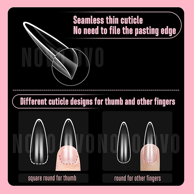 NOVO OVO Long Almond Nail Tips SCULPTED (Not NATURAL) for Curved Nail Beds, Extra Thick L Length False Nails Press on, Full Cover Soft Gel Fake Nail Extension, Salon DIY x 15 Sizes 450 pcs