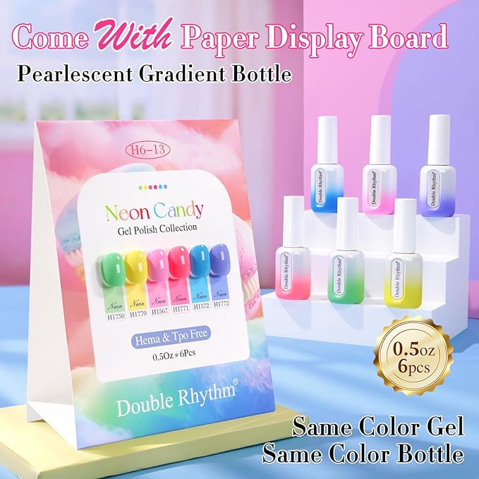 Double Rhythm 6 Pcs Hema Free Gel Polish Set 0.50 OZ Same Color Same Bottle Soak Off Neutral Natural Gel Polish Kit Nail Manicure Salon DIY at Home (Neon Yellow Green Pink Rose Blue Purple-H6-13)