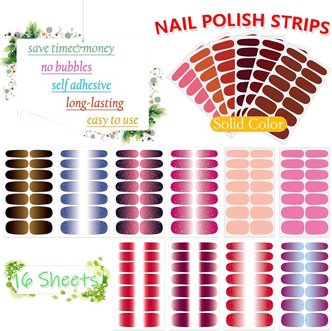 SILPECWEE 16 Sheets Nail Polish Stickers Full Nail Wraps Glitter Solid Color Nail Polish Strips Gel Nail Strips Self Adhesive Fingernail Manicure Stickers Nails for Women with 1pc Nail File