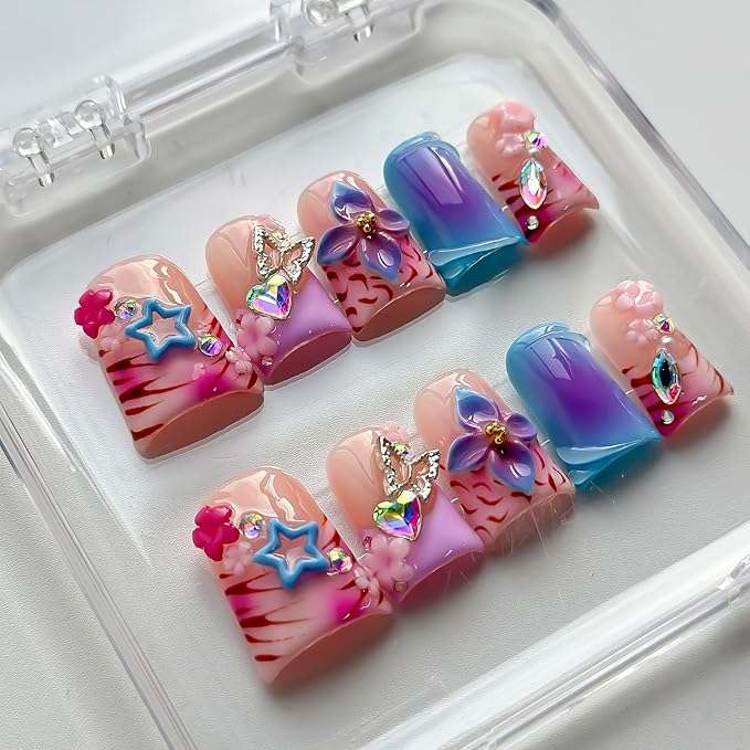 Luxury Press on Nails Short Duck Handmade 3D Unique Reusable ABS Material Fake Nails French Tip False Nails with Designs Stars Flower Butterfly Rhinestones Glossy Glue on Nail Thick Acrylic Nail(M)
