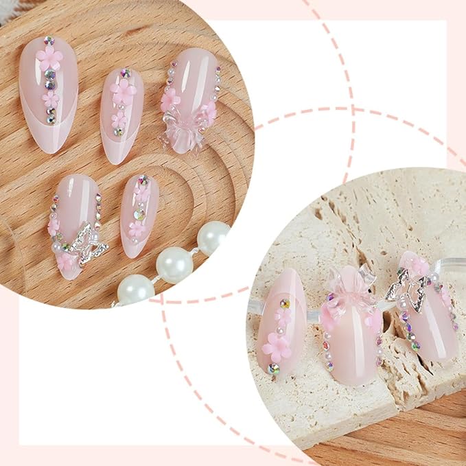 French tips Press on Nails - Medium Almond Fake Nails - Flower Design Pink Bow Glue on Nail - Butterfly Charm False Nails Reusable Glossy Spring Nail for Women Manicure 24pcs
